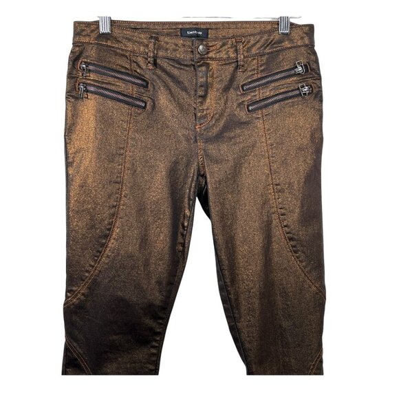 Bebe Metallic Moto Skinny Jeans Bronze Gold Stretch Denim Zipper Detail Size 30 - Picture 3 of 9